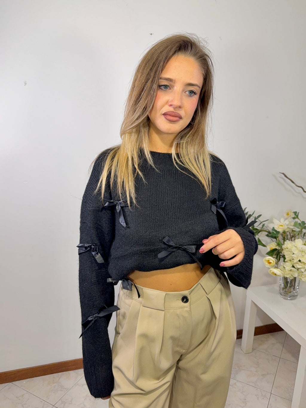 Maglione con fiocchetti in raso ( Y06029)